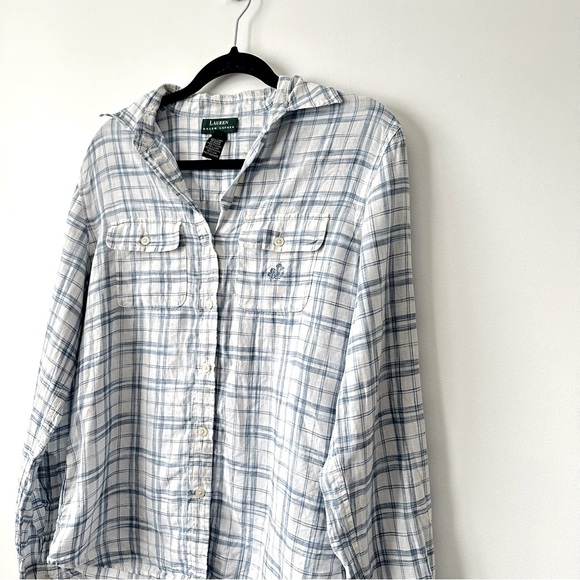 Ralph Lauren Blue and White Plaid Linen Button Down Shirt - Picture 3 of 8